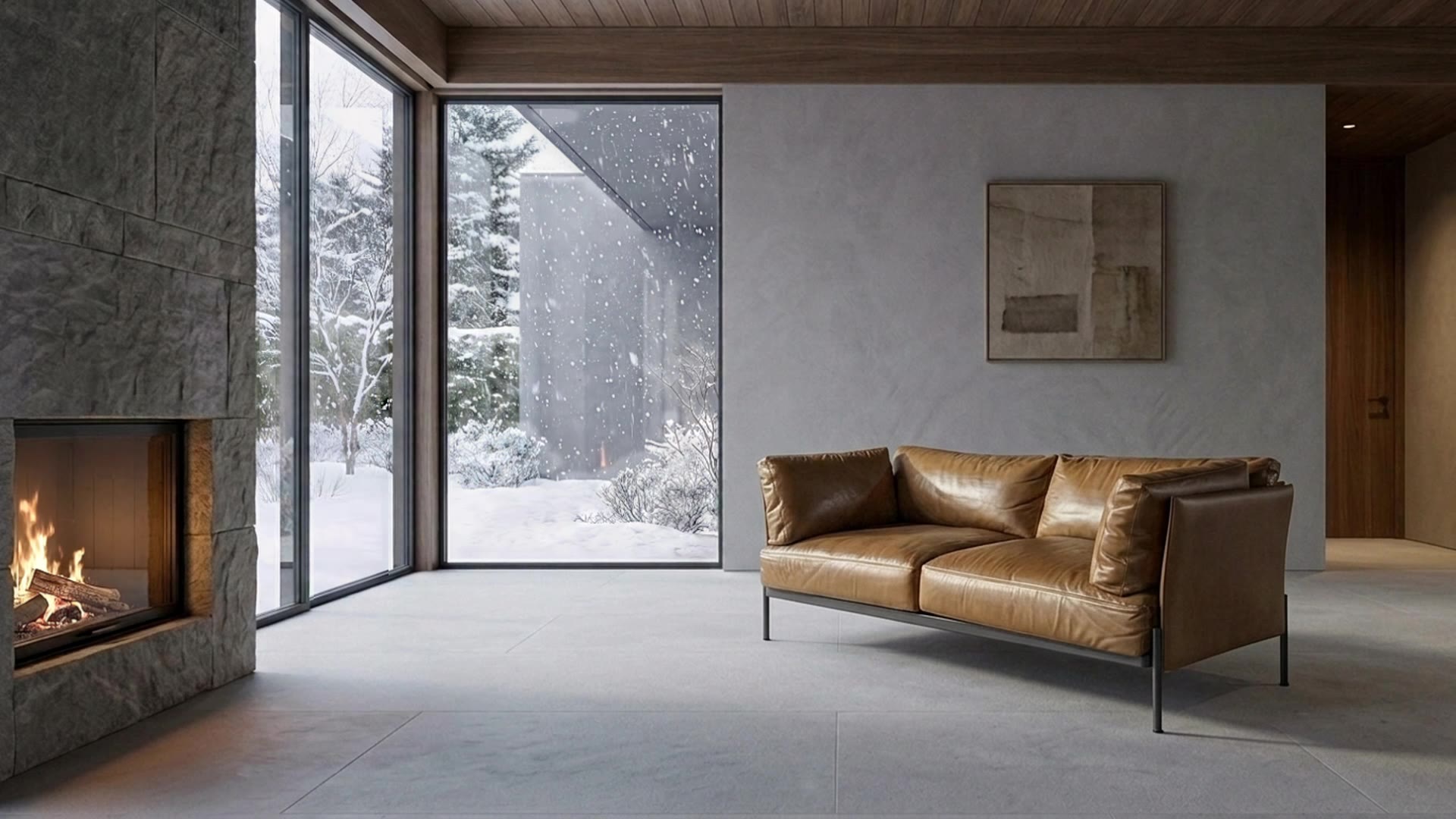 雪景色と暖炉のある理想の空間に置かれた、キャメル色のarflex BOURG