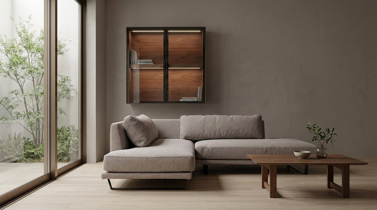 Interior styling image of the pearl-grey CLOUD two-piece set with DRESS100 cabinet and UT3 table