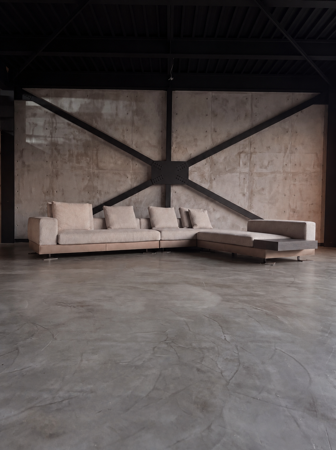 Minotti Whiteの照明演出イメージ、夕暮れ。生成画像