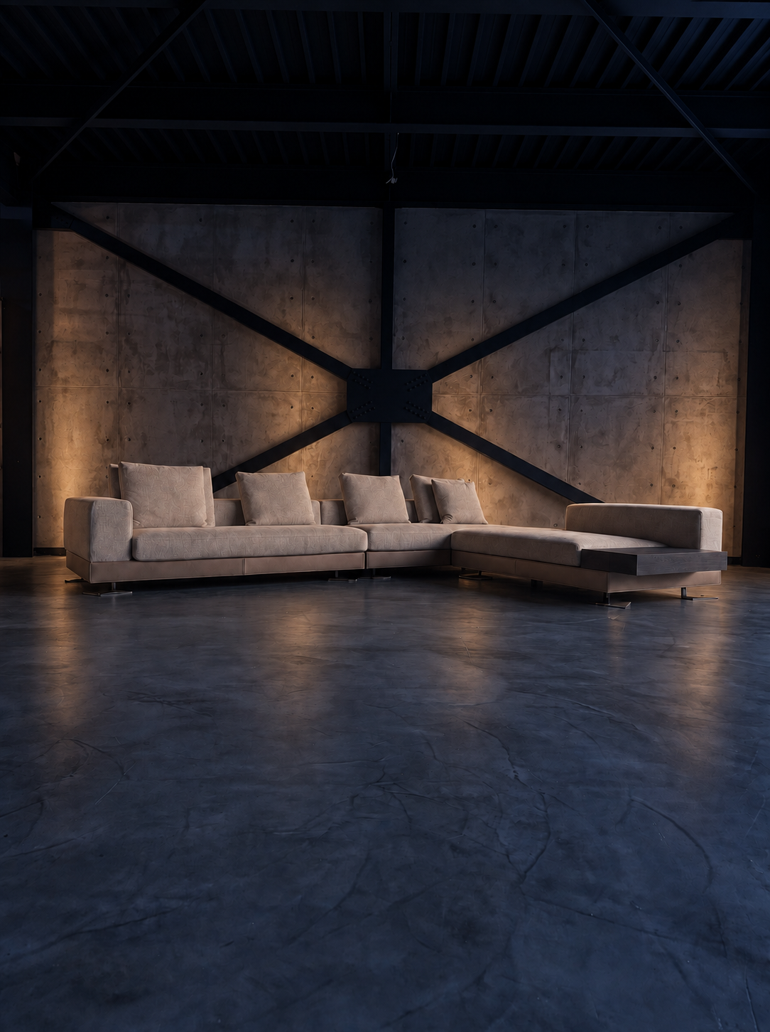 Minotti Whiteの照明演出イメージ、夜。生成画像