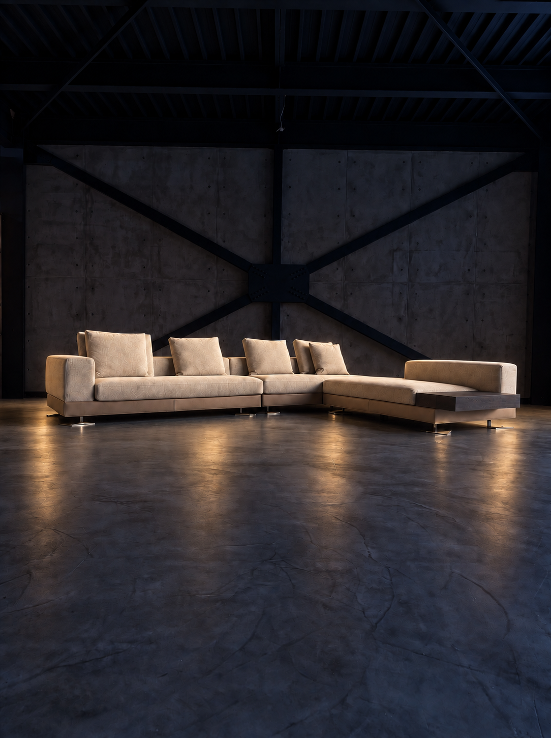 Minotti Whiteの照明演出イメージ、ライトアップ。生成画像